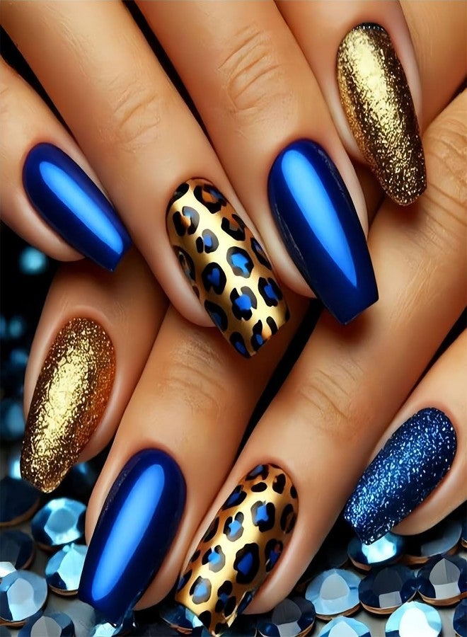 HJKDSFD Medium Press on Nails Dark Blue Square Fake Nails Glossy Glitter False Nails Gold Leopard Print Acrylic Nails Press on Cute Full Cover Reusable Glue on Nail for Women Girls 24Pcs - Image 1